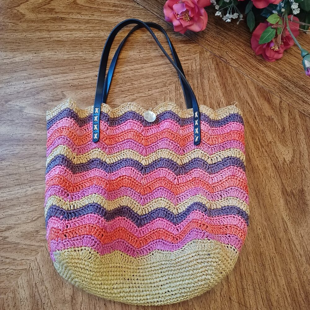 Annabell Ingall Whimsical Striped Woven Raffia Tote